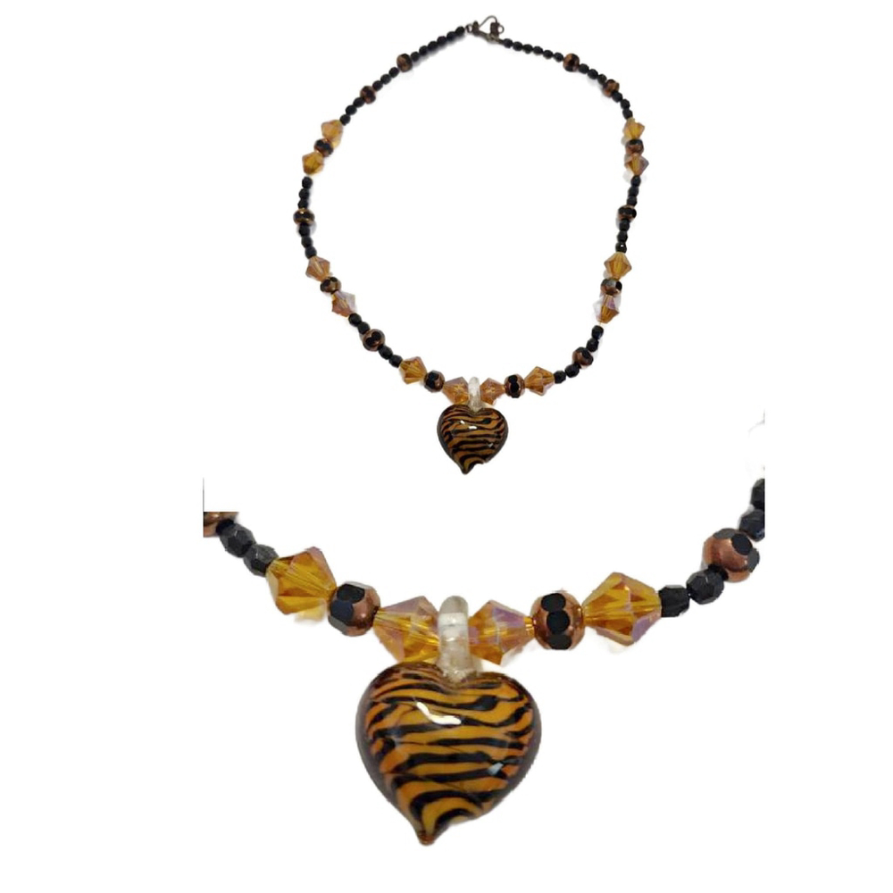 Glass Beaded necklace with a Tiger Striped, Lampwork Glass heart Pendant